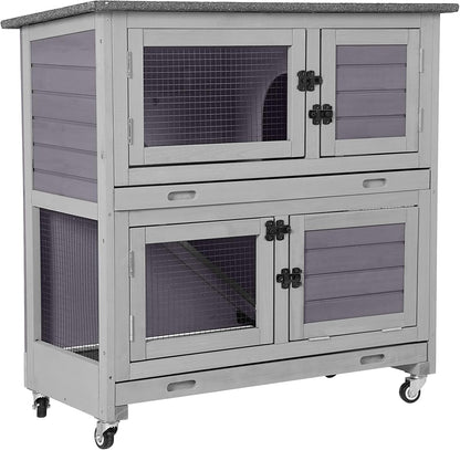 Aivituvin 2-Tier Rabbit Hutch with Tarp Door and Wheels Bunny Cage Indoor Outdoor Guinea Pig Cage Expandable with Pet Playpen 36" L, Grey