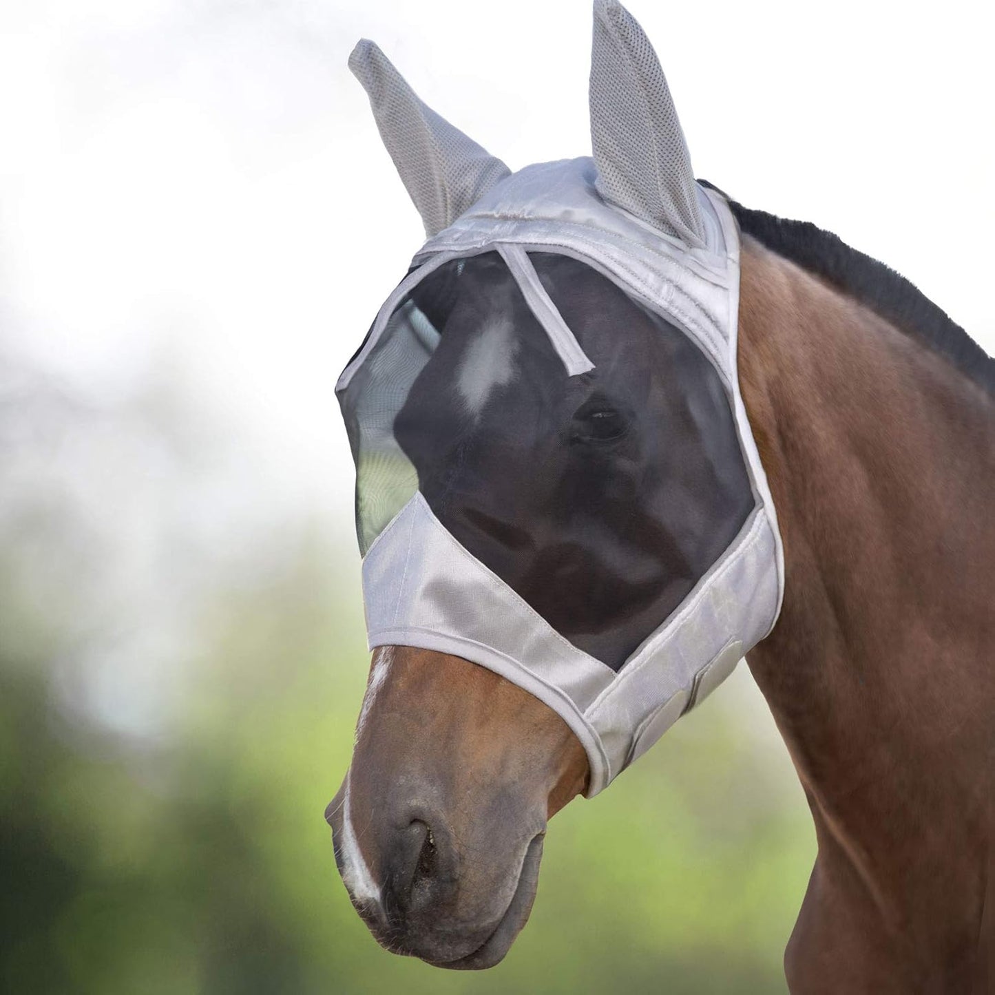Harrison Howard CareMaster Horse Fly Mask Half Face with Ears Silver/Black Retro Medium Cob