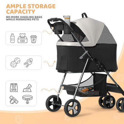 Magshion Foldable Pet Stroller, 3-in-1 Dog Travel Jogger with Detachable Carrier, Cup Holder, Storage Basket, Folding Carrier for Small/Medium Dogs & Cats Up to 33 lbs, Black