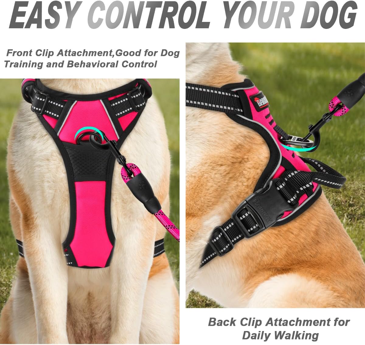 BARKBAY No Pull Dog Harness Front Clip Heavy Duty Reflective Easy Control Handle for Large Dog Walking(Pink,S)