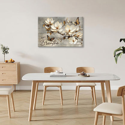 Floral Magnolia Bathroom Pictures Wall Art, Just Breathe Bathroom Wall Decor, Flower Butterfly Framed Painting Canvas Artwork for Bedroom Living Room Decorations 24"L x 16"W