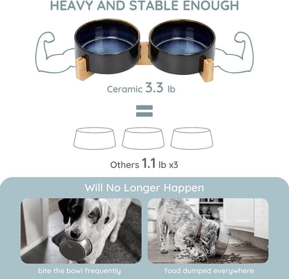 SPUNKYJUNKY Ceramic Dog and Cat Bowl Set with Wooden Stand, Modern Cute Weighted Food Water Set for Small Size Dogs (13.5OZ) & Medium Sized Dogs (28.7OZ) & Cats (1.7 Cups, 2 × Starry Blue)