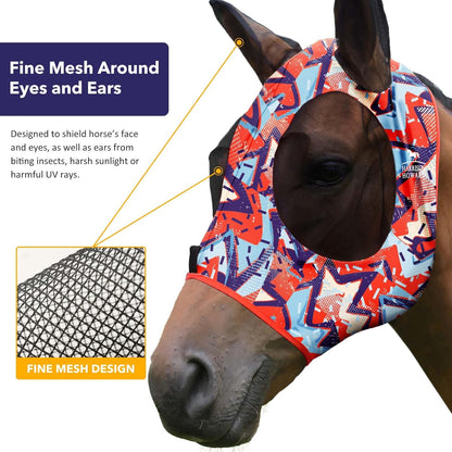 Harrison Howard Super Comfort Stretchy Fly Mask Large Eye Space with UV Protection Soft on Skin with Breathability Orange Geo Print S