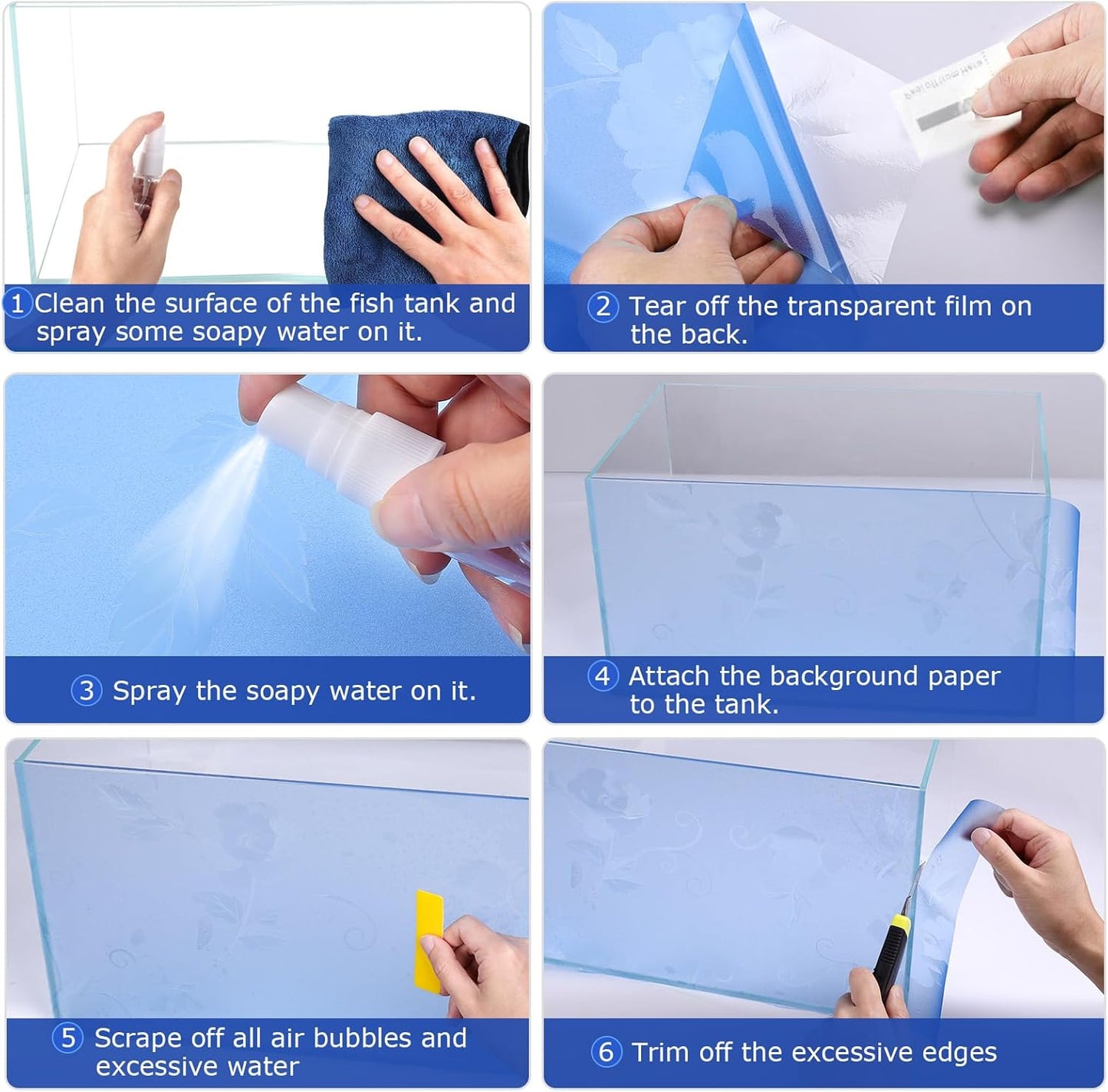 Aquarium Background Paper, Blue Fish Tank Backdrop Wallpaper Electrostatic Adhesive, No Glue, Easy to Install, Reusable (11.8" H × 27.5" L, Translucent)