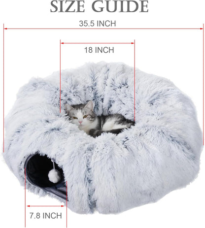 Cat Tunnel with Cat Bed for Indoor Cats, Soft Plush Peekaboo Cat Cave Donut Tunnel, Multifunctional Playground Toys Hideplace for Small Medium Large Kittens, Rabbit, Ferret