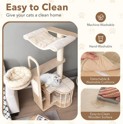 Tangkula Wood Cat Tree for Indoor Cats, 55 Inch Multi-Level Cat Tower Activity Center with Hammock, Cat Condo, Sisal Scratching Posts & Washable Cushions, Modern Cat Tree Houses for Large Cats