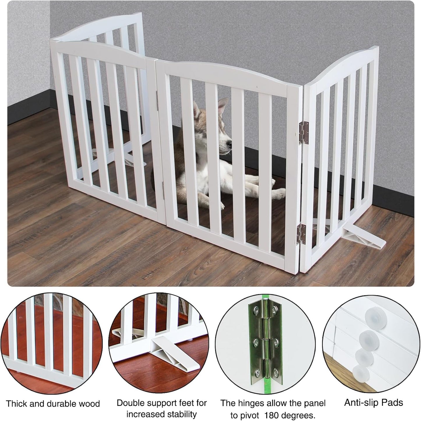ZJSF Foldable Freestanding Indoor Dog Gate for House Wood White Long Pet Gates Dog Fence for Stairs Puppy Gates for Hallways,Pet Fence, Puppy Gate,Support Feet Included 24 "Height-4 Panels