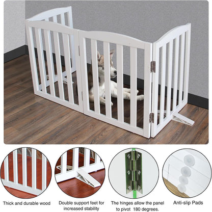 ZJSF Foldable Freestanding Indoor Dog Gate for House Wood White Long Pet Gates Dog Fence for Stairs Puppy Gates for Hallways, Puppy Gate,Support Feet Included 32 "Height-4 Panels