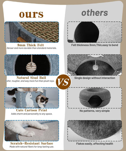 2-in-1 Large Cat House for Indoor Cats, Felt Cat Cave with Cushion, Dual Entrances & Sisal Ball Toy, Enclosed Bed for Large Cats or Multi-Cat Use, Supports 88 lbs