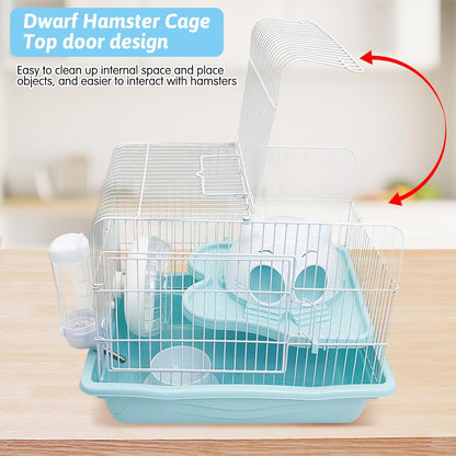 PINVNBY Dwarf Hamster Cage, Small Animal Cages, 2-Tier Travel Portable Mouse Cage Hamster Carrier with Castle House Running Exercise Wheels, Water Bottle and Food Dis（Blue）