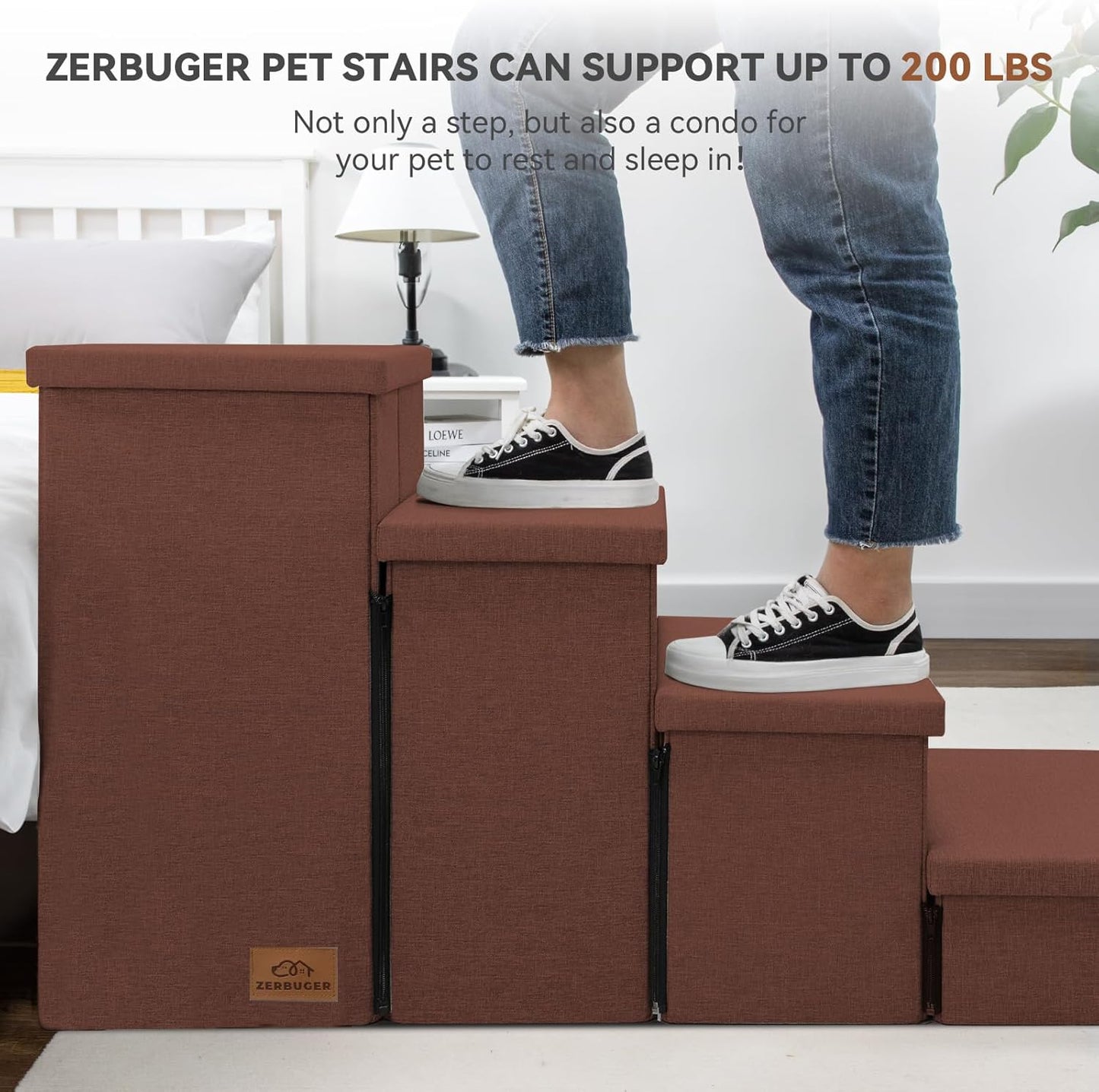 Dog Stairs with Storage 23" H, 4-Step Wider Dog Steps for High Beds Window, Folding Sturdy Pet Stairs Gift for Small/Medium/Large Old Dogs Cats, Ramp for Climbing Car Up to 200 lbs, Brown