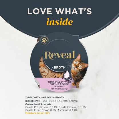 Reveal Natural Wet Cat Food, 18 Count, Grain Free, Limited Ingredient Cat Food Cups, Tuna with Shrimp in Broth, 2.12 oz Easy Peel Cups