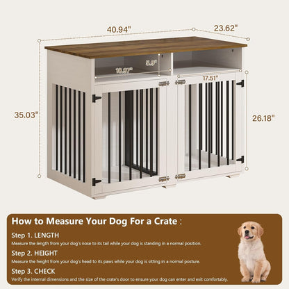 Furniture Dog Crate for 2 Dogs, 41 Inch Dog Kennel Furniture with Removable Divider and Shelf Storage, Wooden Dog Crate for Small/Medium Dogs, White