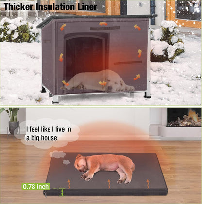 GUTINNEEN Large Insulated Dog House for Winter Outdoor Dog Kennel with Anti-Chewing Metal Frame for Medium to Large Dogs,Grey and White