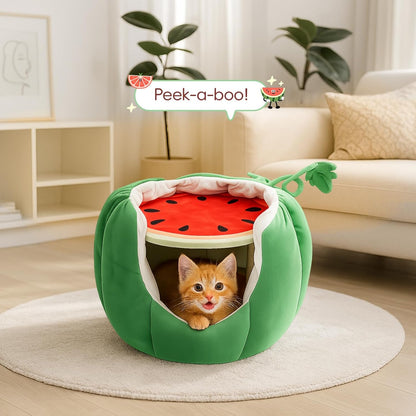 Cat Houses for Indoor Cats, Small Cat Tree with Sisal Ropes and Plush Perch, Cute Cat Bed Cave with Soft Pillow, Watermelon Design