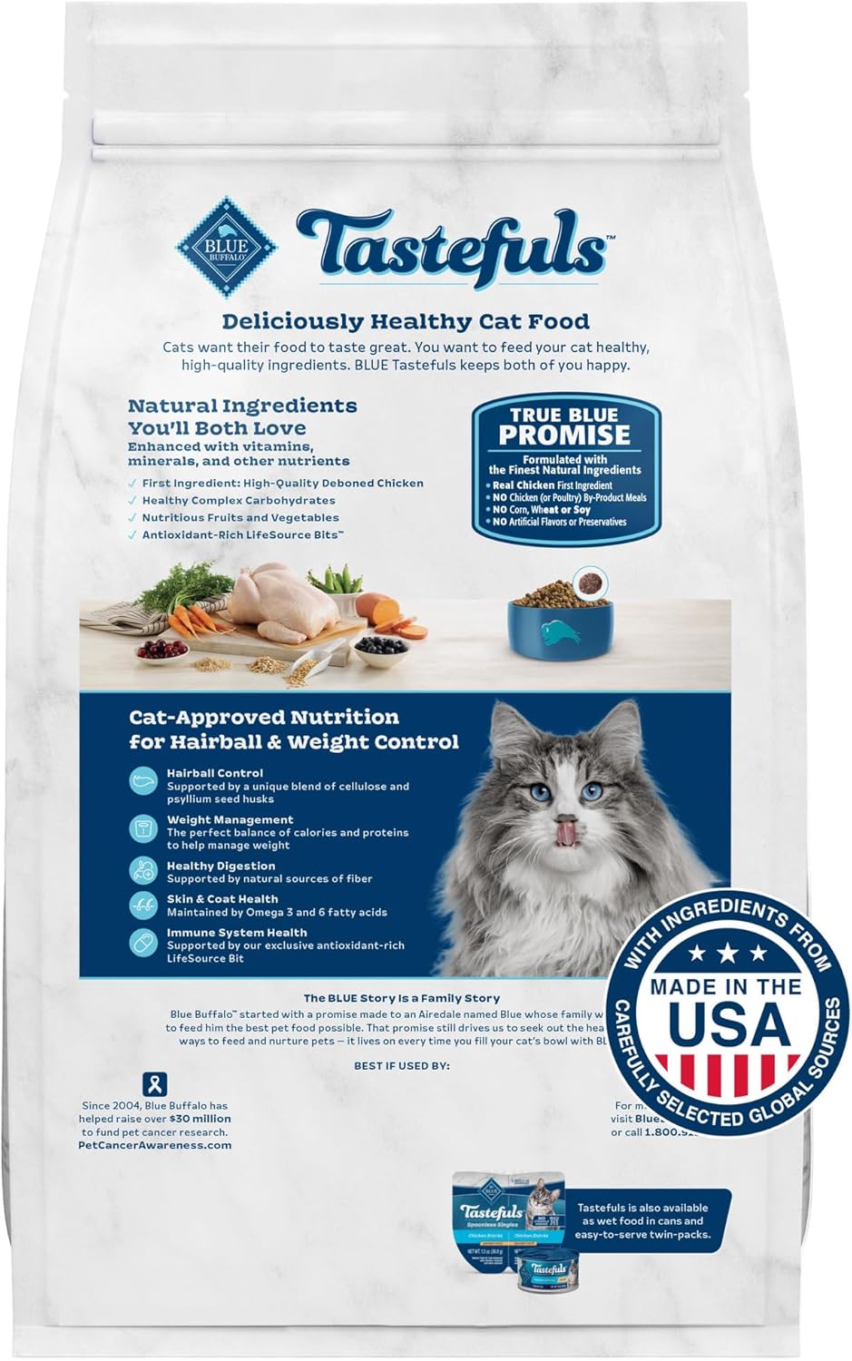 Blue Buffalo Tastefuls Adult Dry Cat Food for Weight Management & Hairball Control, Made in the USA with Natural Ingredients, Chicken Recipe, 7-lb Bag
