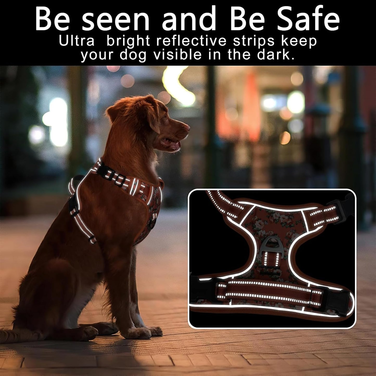 Timos Dog Harness for Medium Dogs, No Pull Service Vest with Reflective Strips and Control Handle,No Choke Dog Harness with 2 Metal Rings for Easy Walking,Outdoor Training,Flower Orange, M