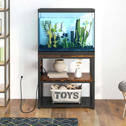 20-29 Gallon Fish Tank Stand With Power Outlets, 3-Tier Metal Aquarium Stands, Breeder Reptile Tank Stand with Shelf for Home Office, 660LBS Capacity, 29.5 x 15.8 x 30.1 inches, Brown