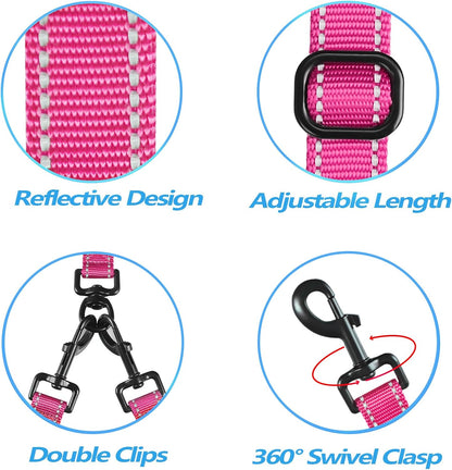 PetBonus Double Dog Leash, No Tangle Dual Leash, Reflective Walking Training Lead, 4 Comfortable Padded Handles for 2 Dogs with Collapsible Bowl and Waste Bags (Pink, Large)