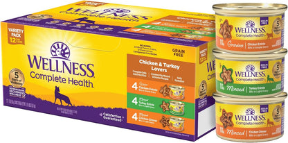 Wellness Complete Health Gravy and Minced Adult Wet Cat Food, Natural, Protein-Rich, Grain-Free, 3 Ounce, 12 Pack, (Chicken & Turkey Lovers Variety Pack)