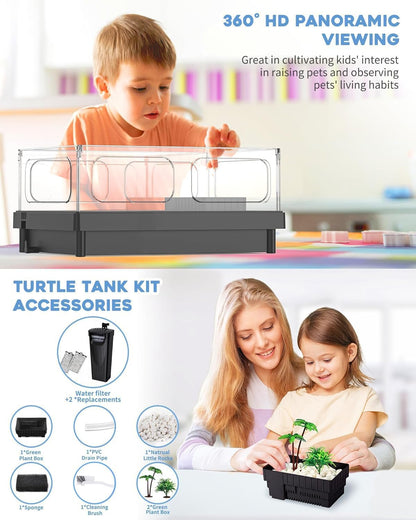 Small Turtle Tank, Aquarium, Acrylic Terrarium with Basking Platform, Bottom Drainage, Multi-Function Areas for Turtles, Crabs, Crayfish, Reptiles.(Black+Filter)