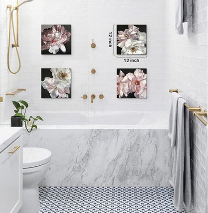 Yxbhhym Floral Canvas Wall Art White Flowers Wall Picturs Prints Pink Florals Artwork for Wall Décor Painting Poster for Bathroom Art Living Room Decor-Framed Wall Art -12x12inches x 4 pcs