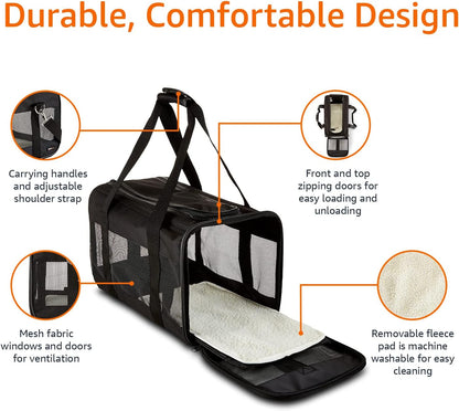 Amazon Basics Soft-Sided Mesh Pet Travel Carrier for Dog, Cat, up to 22 pounds, 19.7" L x 12" W x 12" H, Black