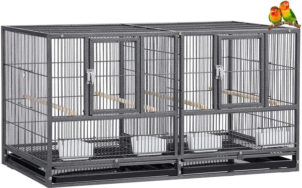 Combo Breeding Stacker Center Divided Breeder Bird Flight Double Rolling Cage with Side Breeding Nest Door (Black Vein, Single Stack Without Stand)