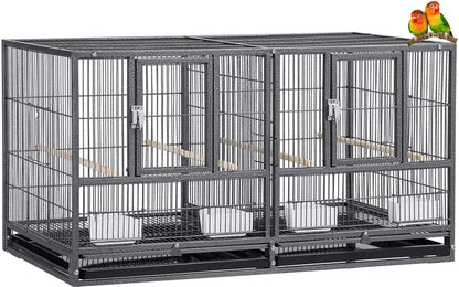 Combo Breeding Stacker Center Divided Breeder Bird Flight Double Rolling Cage with Side Breeding Nest Door (Black Vein, Single Stack Without Stand)