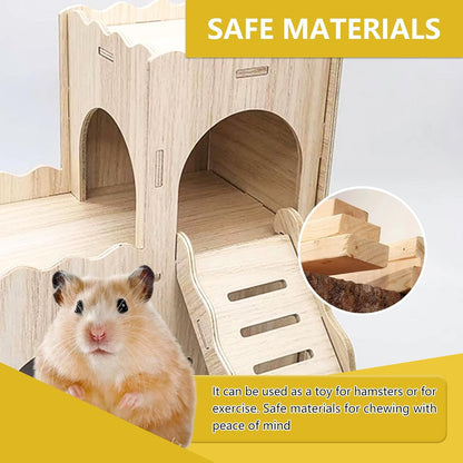 Large Wooden Hamster House Castle with Double Decker,Large Hamster, Wooden Hamster Houses,Dwarf Hamster Habitat Hideout with Climbing Ladder,Large Guinea Pig Castle Detachable Hideouts(B)