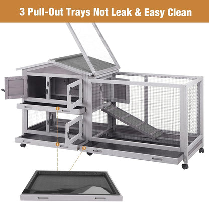 Bunny Cage Indoor and Outdoor Rabbit Hutch with Casters Waterproof Roof, Pull Out Tray from Back and Front 61.2" L x 22.6" W x 33.5" H