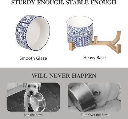 Selamica Ceramic 30 OZ Dog Bowls, Dog Food and Water Bowls with Wooden Stand, Anti-Slip Dog Dishes Set for Cats Small & Medium Sized Dogs, Weighted Pet Bowls Set of 2, Vintage Blue B