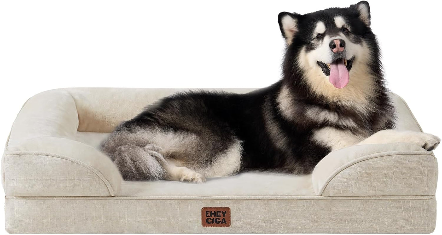 EHEYCIGA Orthopedic Dog Beds for Extra Large Dogs, Waterproof Memory Foam XXL Dog Bed with Sides, Non-Slip Bottom and Egg-Crate Foam Big Pet Couch Bed with Washable Removable Cover, Beige