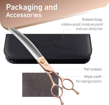 Fenice Peak Professional Curved Chunker Dog Grooming Scissors 7.0'' Rose Gold Thinning Shears Extremely Sharp Blades 440C Stainless Steel Thinning Shears Durable Smooth Fine Cut for Dogs and Cats.
