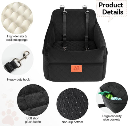 Dog Car Seat for Small/Medium Dogs, Dog Booster Car Seats with Thick Cushion for Dogs Under 35lbs, Detachable Washable Pet Car Seat with Storage Pockets, 2 Safety Belts(Black)