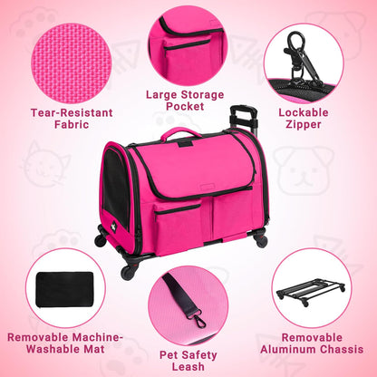 Large Pet Carrier with Wheels, Foldable Rolling Dog Carrier with Big Pocket, Cat Rolling Bag 21"x13"x13"for 2 Cats &Dogs, Use for Travel, Outdoor, Vet Visits, Camping, Indoor. Pink