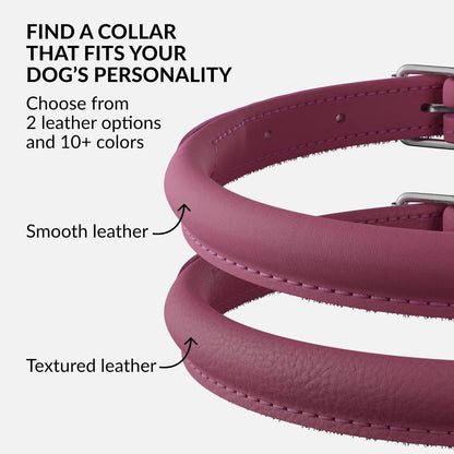 CollarDirect Rolled Leather Dog Collar, Soft Padded Round Puppy Collar, Handmade Genuine Leather Collar Dog Small Large Cat Collars 13 Colors (11-14 Inch, Pink Smooth)