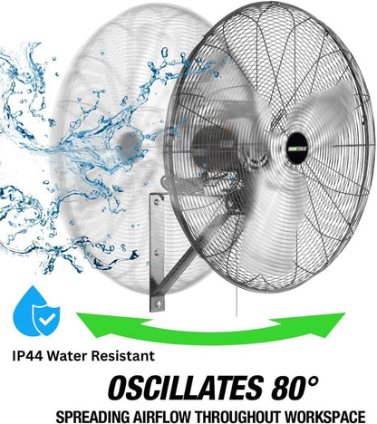 OEMTOOLS 24" Outdoor Wall Mount Fan, 80° Oscillating Fan 6800 CFM Max, Water Resistant, Use in Garage, Gym, Warehouse, Factory and Jobsite