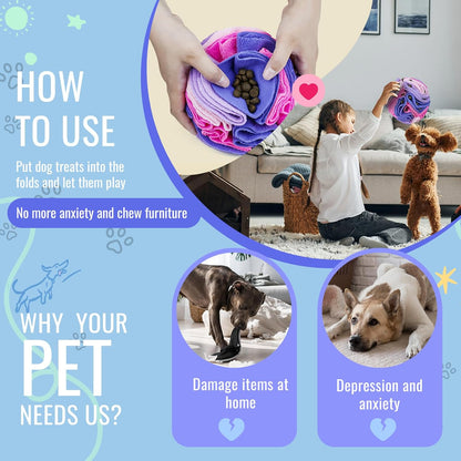 Pet Snuffle Ball, Puzzle Sniffing Interactive Dog Ball for Blind Dogs Training Stress Relief Dog Enrichment Toys Treat Machine Washable (Pink and Purple, 10cm)