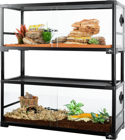 Double Stacked Reptile Tank, 30" x 12" x 32" Tall Reptiles Terrarium, Front Opening, Full Vision, Knock Down, 2 Pack 20 Gallon Glass Cage for Reptile, Bearded Dragon, Lizard, Snake, Gecko
