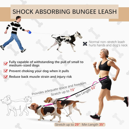 Hands-Free Dog Leash with Pouch, Waist Leash for Walking Two Dogs, Reflective Stitching, Dual Handle, Bungee Retractable for Medium to Large Dogs - Pink,Dog Walking Accessories