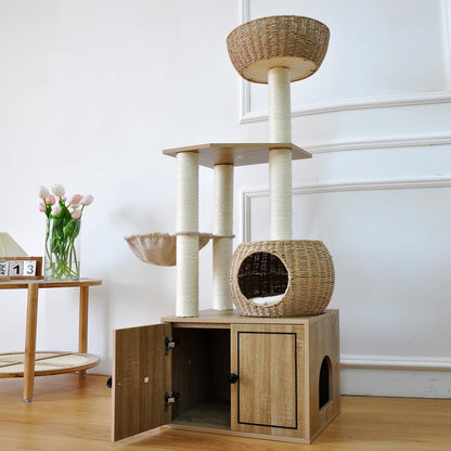56.7" Tall Rattan Cat Tree for Indoor Cats, Multi-Level Wooden Cat Tower with Scratching Posts, Large Cat Climbing Furniture with Perches