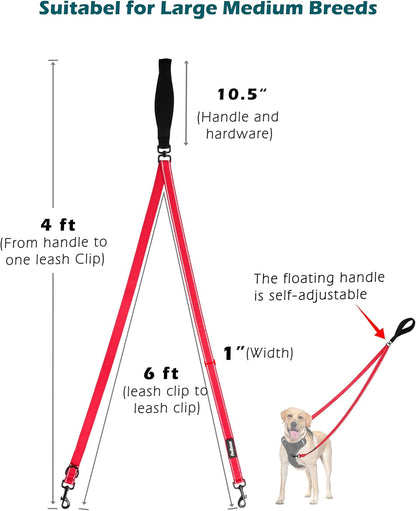 PetBonus Two Point Control Dog Leash, Works with No Pull Harnesses, No Tangle Dog Training Leashes, No Pull Padded and Reflective Walking Lead,Converts to Single Leash for Medium Large Dogs (Red)