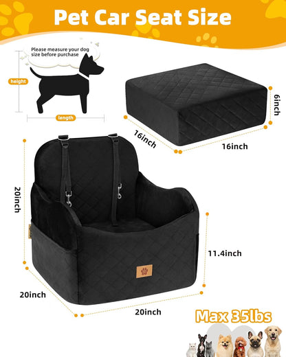 Car Seat Booster for Dog: High-Support Memory Foam Pet Car Seat for Small/Medium Dogs Under 35lbs with Elevated Cushion - Detachable Washable Puppy Travel Bed for Driving with Pockets (Black)