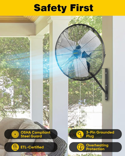 VENTISOL 20 Inch Wall Mount Fan Oscillating, 5500 CFM High Velocity Industrial Fans with 3 Speeds for Garage, Shop, Warehouse, Workshops, Cover Patio, ETL Listed
