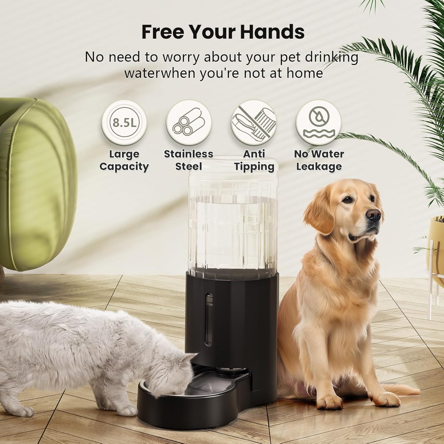 CZPET Automatic Dog and Cat Water Dispenser with Stainless Steel Bowl Gravity Waterer,100% BPA-Free,Large Capacity and Drinking Area Noise-Free for Pets