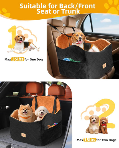 Car Seat Booster for Dog: High-Support Memory Foam Pet Car Seat for Small/Medium Dogs Under 35lbs with Elevated Cushion,Pockets - Detachable Washable Puppy Travel Bed for Driving(Black/Brown)