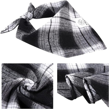 E-Clover Plaid Dog Scarf & Matching Scrunchie Set - Triangle Pet Bandana Bibs for Small Dog Puppy Owner Birthday Gifts - Black & White