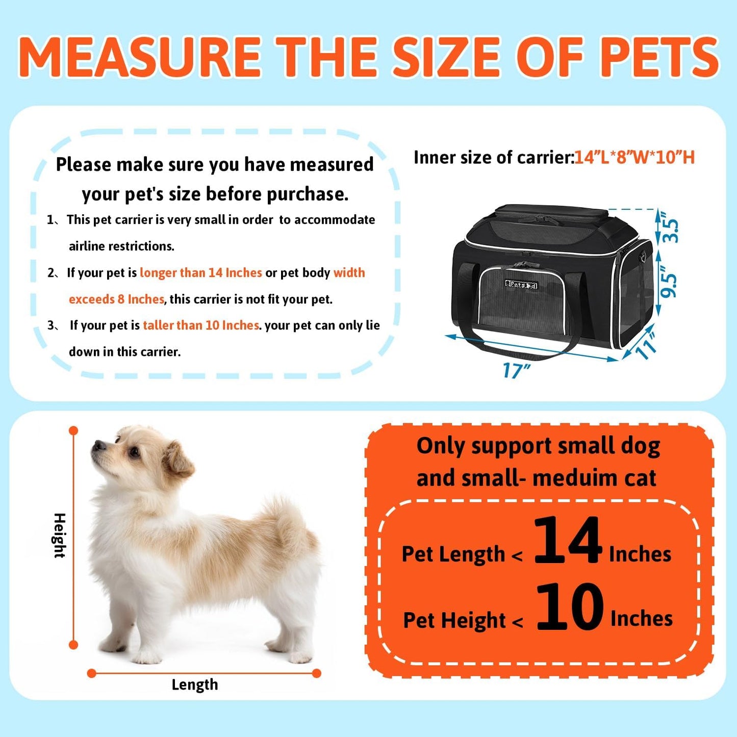 Petskd Top-Expandable Pet Carrier with Wheels 17x11x9.5 Inches Alaska Airline Approved, Soft-Sided Carrier for Small Cats Dogs with Locking Safety Zippers and Anti-Scratch Mesh(Black)