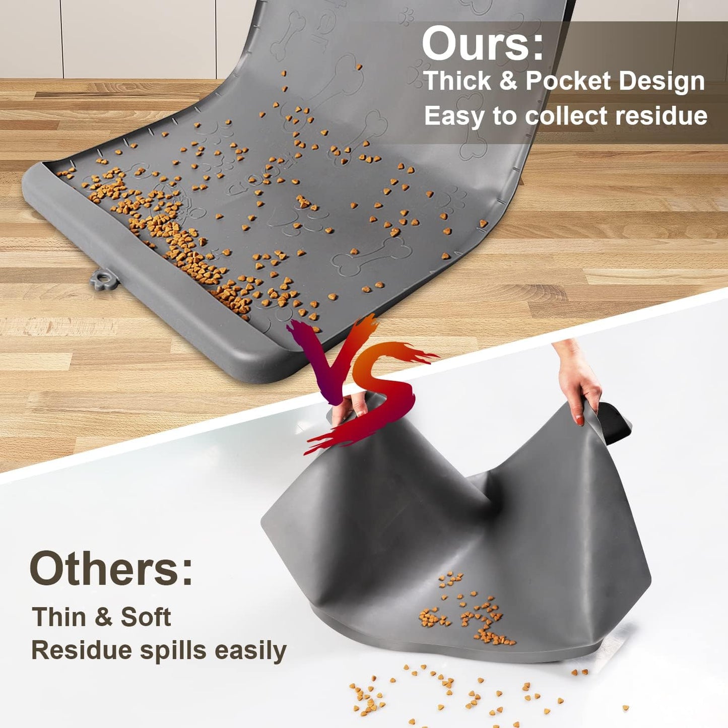 Dog Food Mat - Silicone Dog Mat for Food and Water - 28" x 20" Pet Feeding Mats with Residue Collection Pocket - Waterproof Dog Cat Bowl Mat with High Edges to Prevent Water Food Spills (Gray)